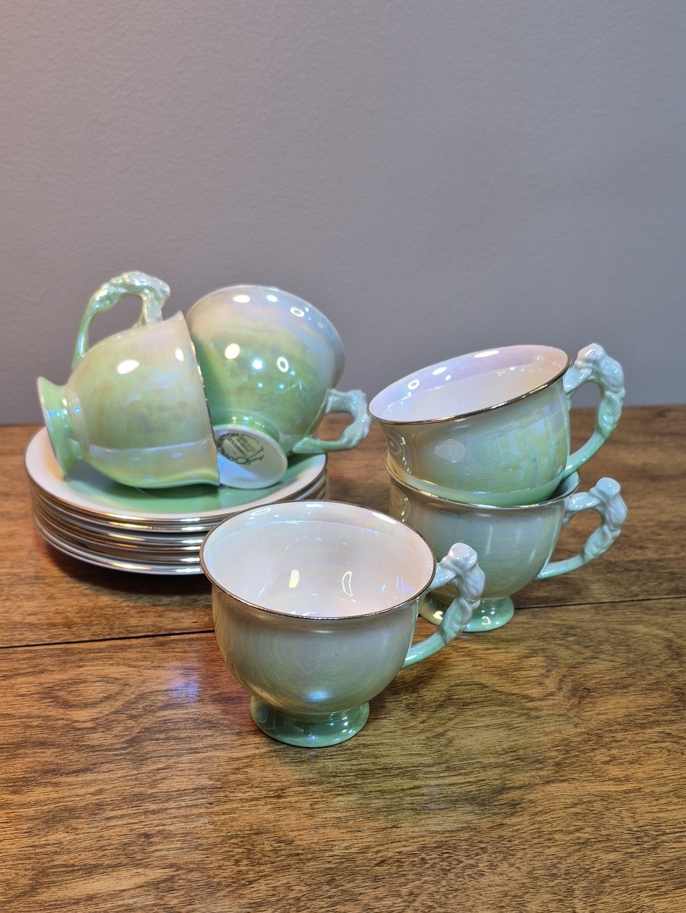 ROYAL WINTON Grimwades 'Rosebud' Vintage Iridescent Lusterware Teacups & Saucers